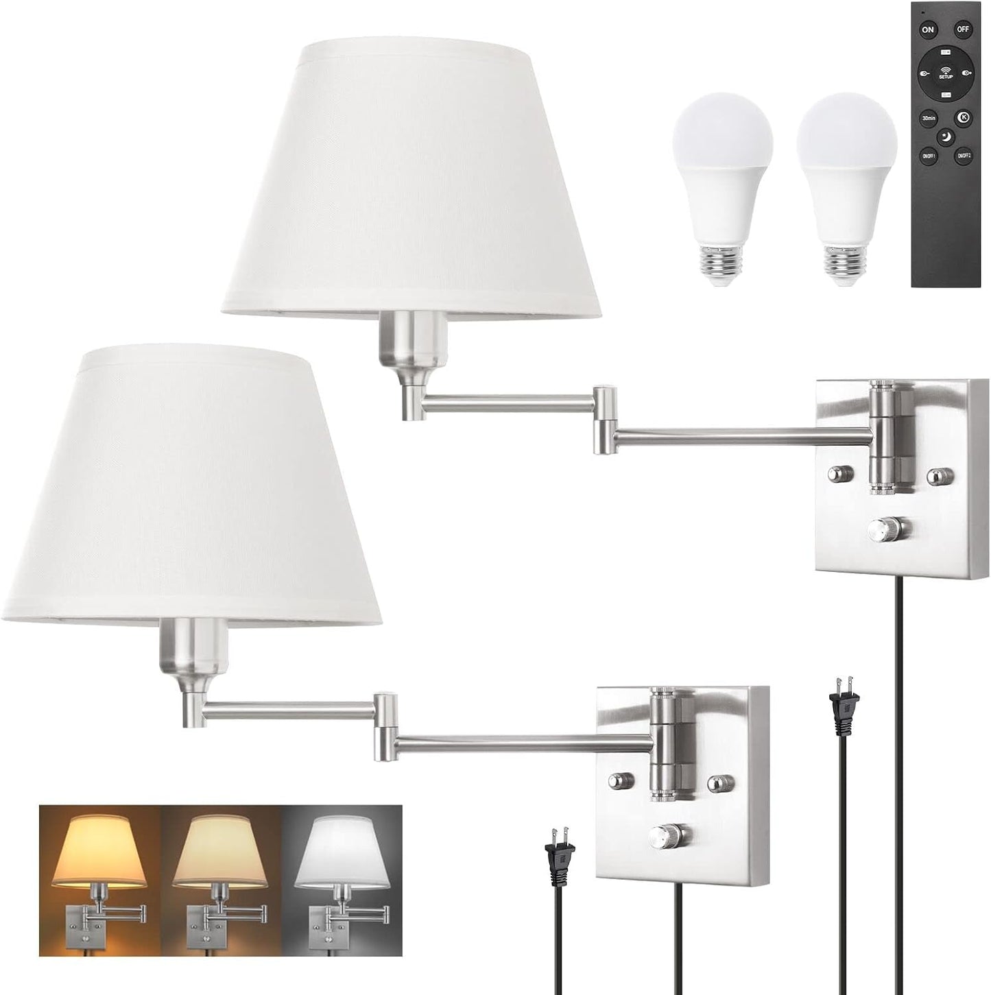 TRLIFE Wall Sconce Plug in, Dimmable Wall Sconces Set of Two Swing Arm Wall Lights with Plug in Cord and On/Off Dimmer Rotary Switch, 9.4" Medium Beige Fabric Shade(2 Pack, 2 Bulbs)