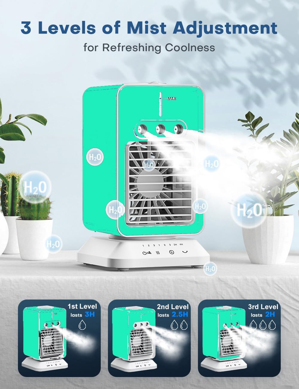 Portable Air Conditioners 4 Modes&3 Speeds,4 Ice Packs, Waterless Alert System, 12H Timer, Remote,1 Gal Detachable Water Tank, 70°Oscillation Windowless Evaporative Air Cooler for Room Office