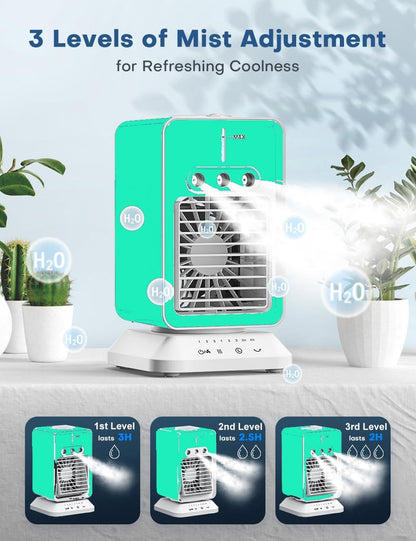 Portable Air Conditioners 4 Modes&3 Speeds,4 Ice Packs, Waterless Alert System, 12H Timer, Remote,1 Gal Detachable Water Tank, 70°Oscillation Windowless Evaporative Air Cooler for Room Office