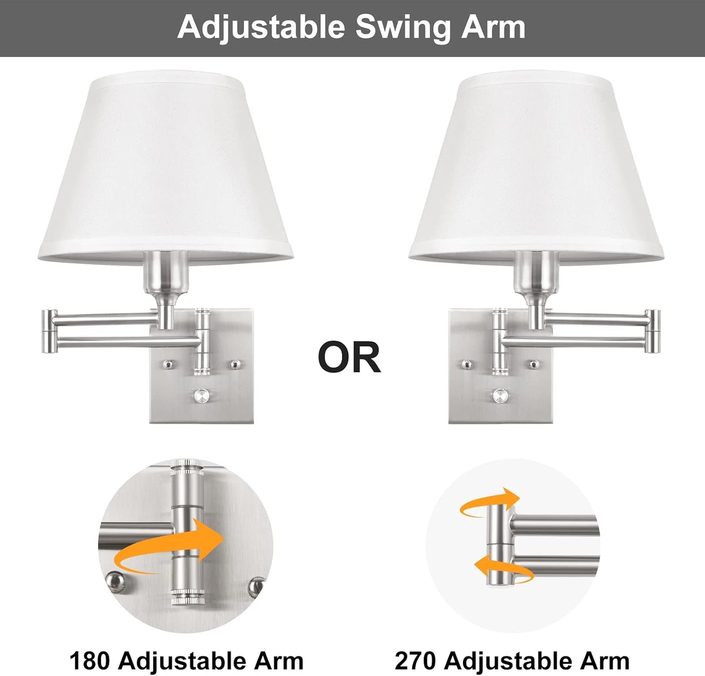 TRLIFE Wall Sconce Plug in, Dimmable Wall Sconces Set of Two Swing Arm Wall Lights with Plug in Cord and On/Off Dimmer Rotary Switch, 9.4" Medium Beige Fabric Shade(2 Pack, 2 Bulbs)