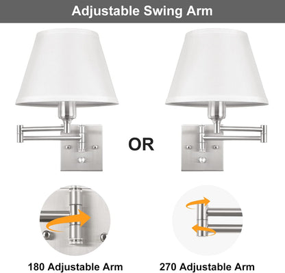 TRLIFE Wall Sconce Plug in, Dimmable Wall Sconces Set of Two Swing Arm Wall Lights with Plug in Cord and On/Off Dimmer Rotary Switch, 9.4" Medium Beige Fabric Shade(2 Pack, 2 Bulbs)