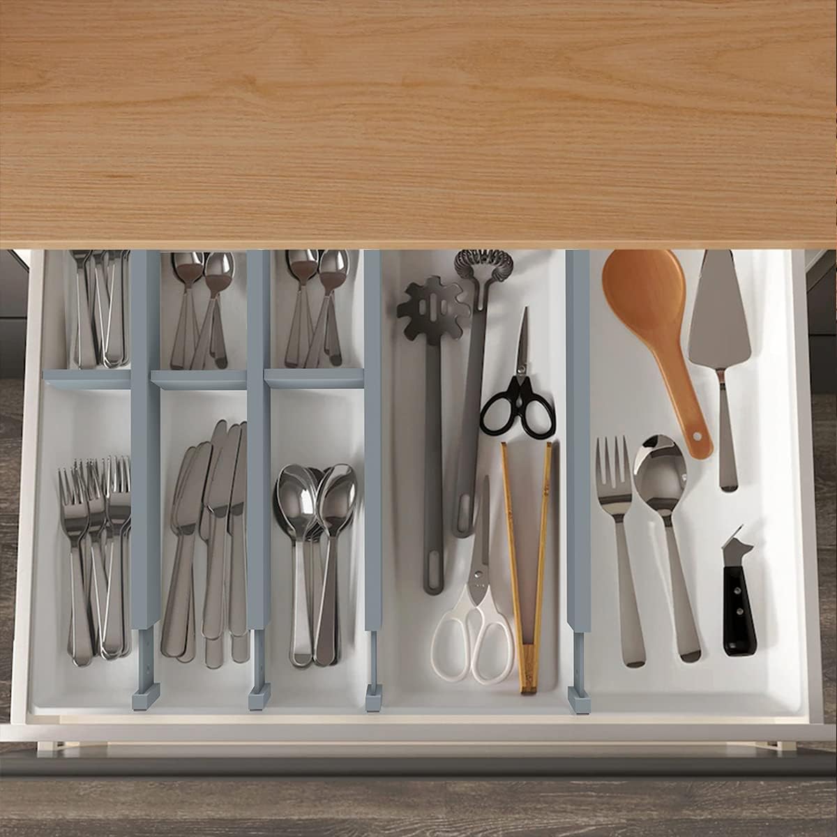 Bamboo Drawer Dividers Organizers, Drawer Separators Splitter,17-22 inches Long Adjustable Spring-loaded Organizer for Large Utensil, Clothes, Tools Drawers(yellow)