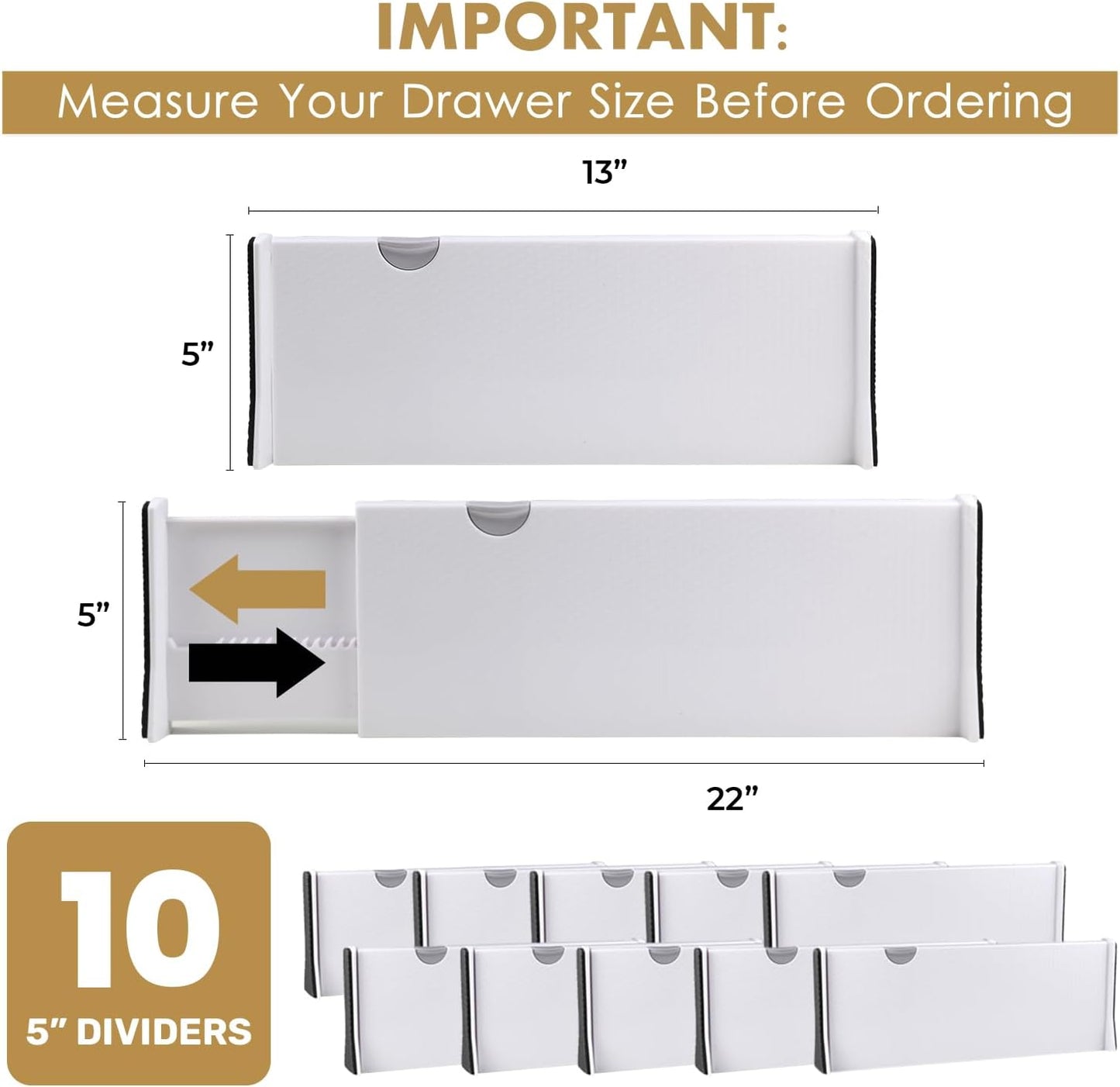 RAPTUROUS Adjustable Deep Drawer Divider – 6" Tall, Expandable 13-22", 4-Pack, Non-Slip Drawer Dividers for Clothes, Dresser, Kitchen & Office Organization (White)