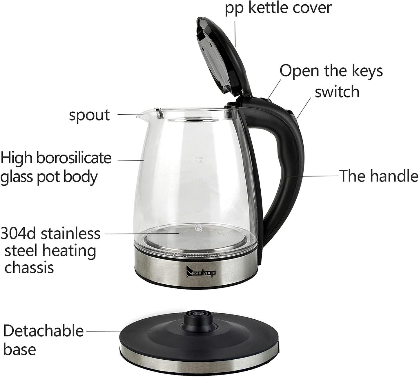 Electric Kettle with Glas,Electric Glass Kettle and Tea Maker with Temperature Controls 110V 1500W 1.8L Glass Electric Kettle with Filter, Stainless Steel Lid & Bottom