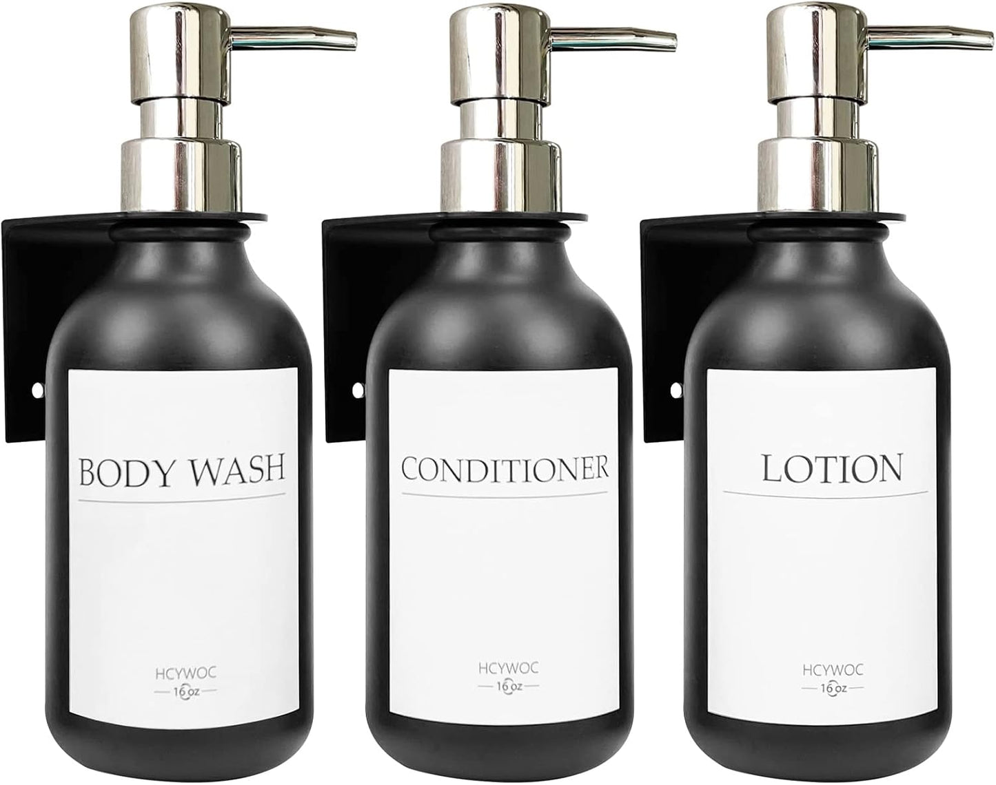 3 Pack Wall Mount Shower Dispenser, No Drill, 16 Waterproof Labels | Shampoo Dispenser for Shower Wall, Shampoo and Conditioner Dispenser, Bathroom, 17oz, Gold Amber