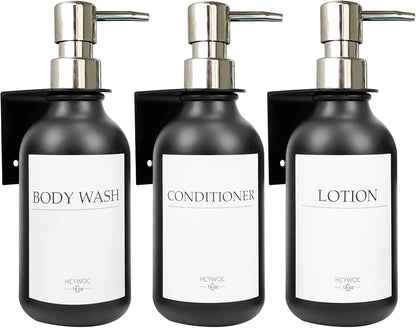 3 Pack Wall Mount Shower Dispenser, No Drill, 16 Waterproof Labels | Shampoo Dispenser for Shower Wall, Shampoo and Conditioner Dispenser, Bathroom, 17oz, Gold Amber