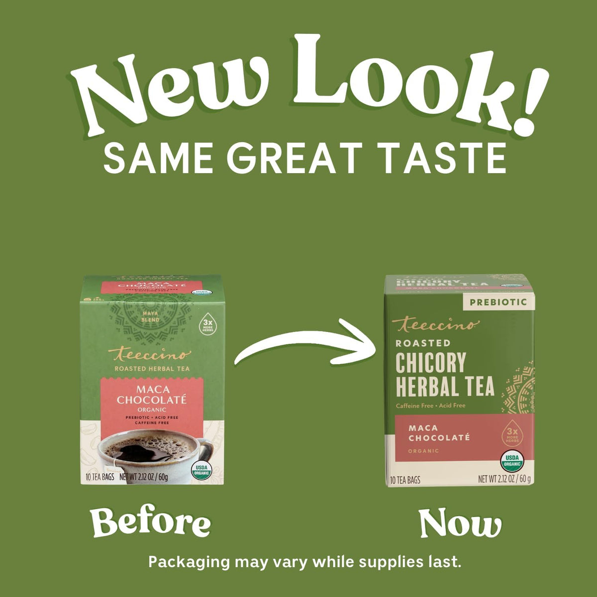Teeccino Herbal Tea Sampler Assortment - 12 Tea Bags - Maca Chocolaté, French Roast, Hazelnut, Vanilla Nut - Roasted Caffeine Free Herbal Tea, Prebiotic for Natural Energy