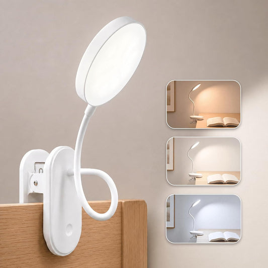Clip on Light, Stepless Dimmable & 3 Colors Touch Control Clip On Bed Light. Dorm Room Essential 2600mAh Rechargeable Battery Powered Lamp. Flexible Clip On Lamp for Desk/Bedside/Headboard