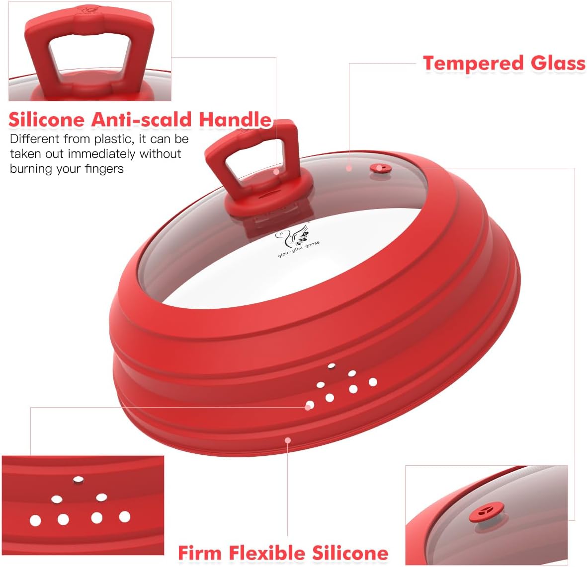 Microwave Splatter Cover Vented Glass Splatter Guard Lid with Collapsible Silicone for Food as Pot Cover Plate 10.8 inch for 6 7 8 9 10 inch Plate Bowl