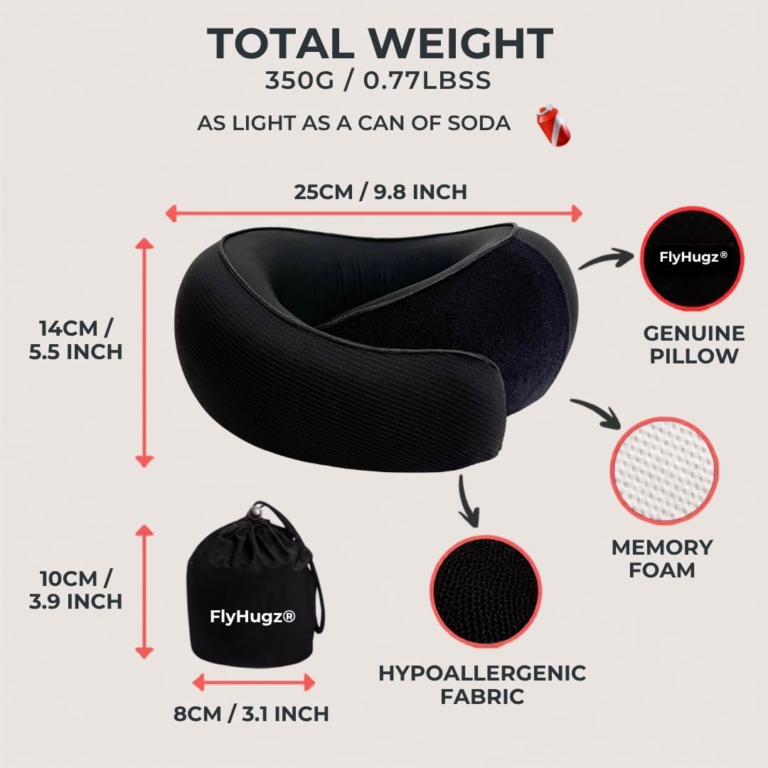 FlyHugz® Neck Travel Pillow Memory Foam Neck Pillow, Gray