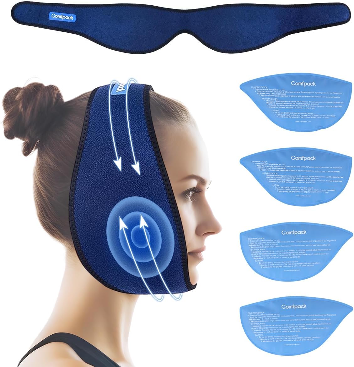 Comfpack Face Ice Pack Wrap for TMJ Relief with 4 Reusable Gel Packs | Hot Cold Therapy, Wisdom Teeth Ice Pack Head Wrap for Tooth Extraction & Teeth Removed, Oral Surgery, Cosmetic Injection
