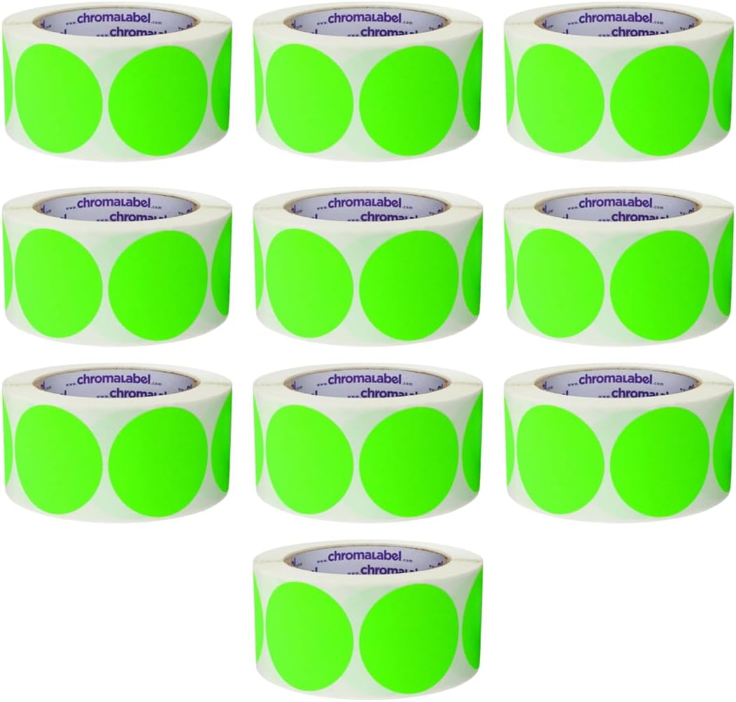 Fluorescent Green Dot Stickers, 2 Inch, 500/Roll | Writable Matte Paper Circle Stickers for Inventory, Classrooms, Offices, Retail, and Color Coding. Made in USA