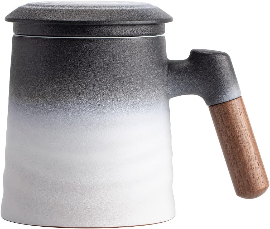 ZENS Tea Mug with Infuser and Lid for Loose Leaf Tea Steeper, 16.9oz Moss | Embossed Ceramic Tea Cup with Infuser for Herbal Tea Difussers, Tea Lovers Gifts, Nature Wood Handle