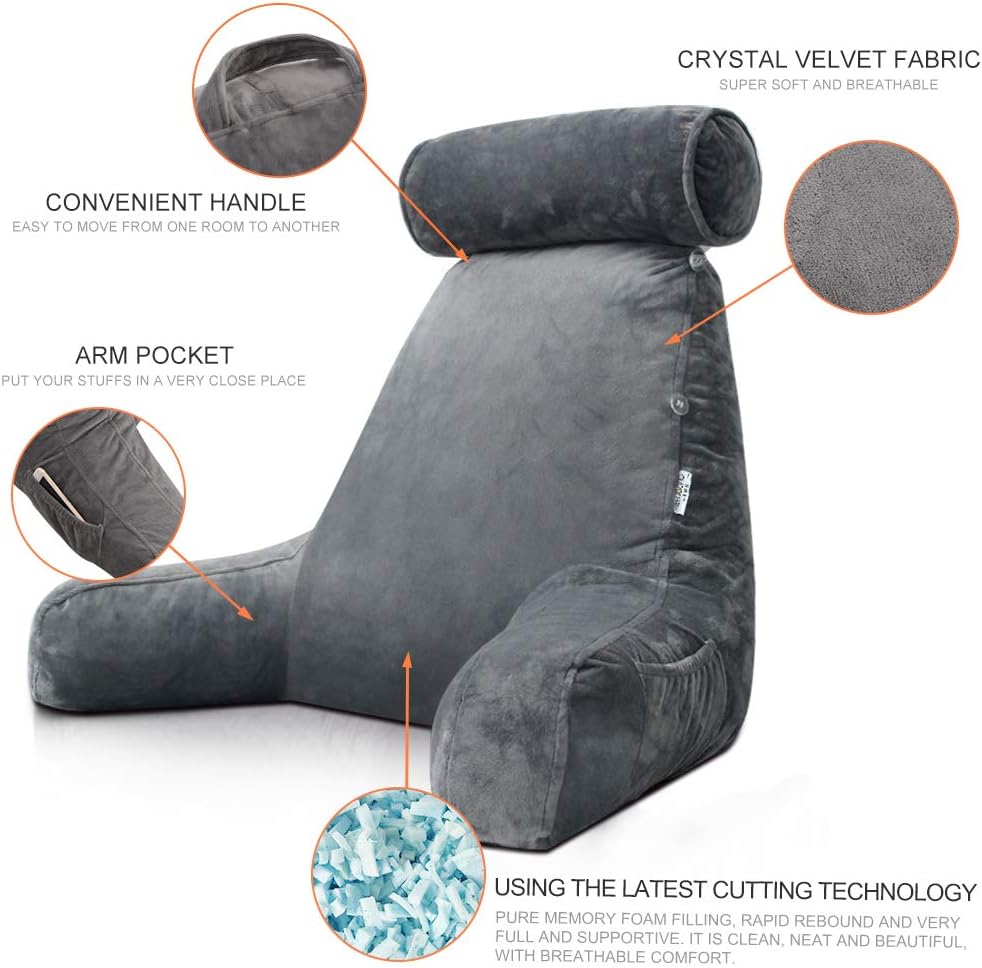 26" Reading Pillow for Sitting Up in Bed, Backrest with Arms