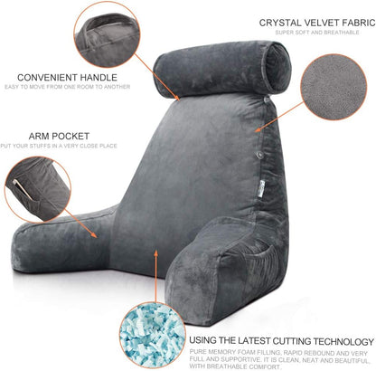 26" Reading Pillow for Sitting Up in Bed, Backrest with Arms