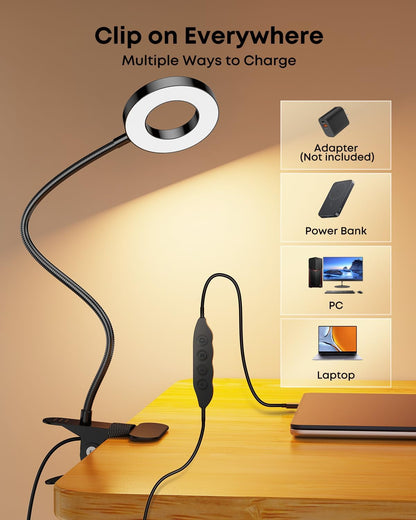 Clip on Desk Lamp, 5W LED Reading Light, 400 Lumens Book Light, 3 Color Modes 6 Brightness Levels, USB Powered Adjustable Neck Lamp for Desk, Bedside, Study, Office