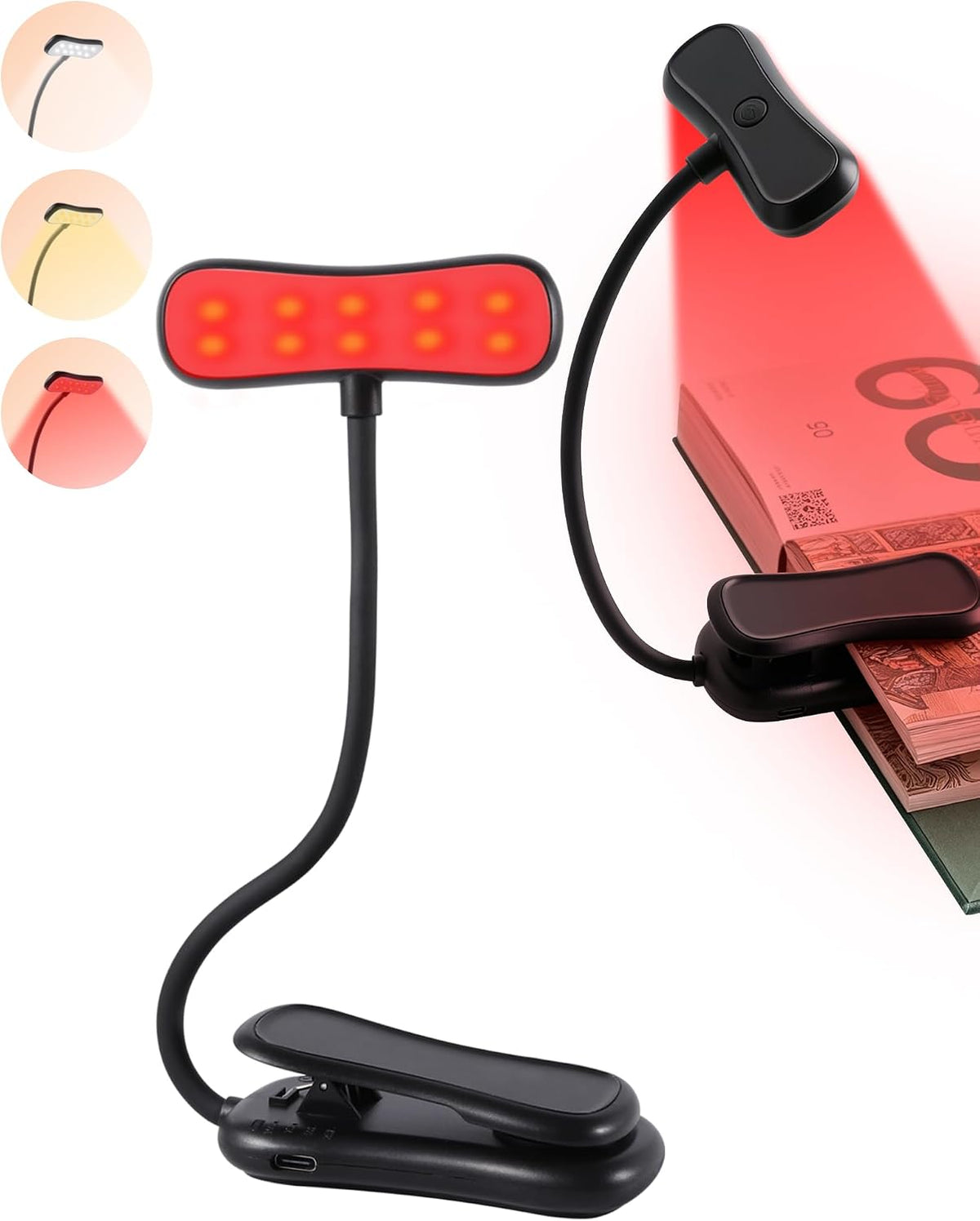 630nm Red Book Light for Reading at Night - Zero Blue Light, Dimmable Reading Lights for Books in Bed, LED Book Lamp Clip on, Gift for Students Parents Nurse Studying Travel [1 Pack]