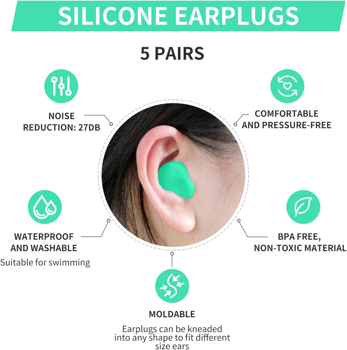 LYSIAN Moldable Silicone Ear Plugs for Sleep and Swim, 5 Pairs, Blue