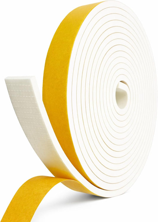 Weather Stripping Foam Tape, 17 Ft Door Seal Strip, EVA Material, High Density 1/4" Thick, No Residue Adhesive, Weatherproof Door Seal Strip for Sliding Door, Windows, White (3/8" Wide)