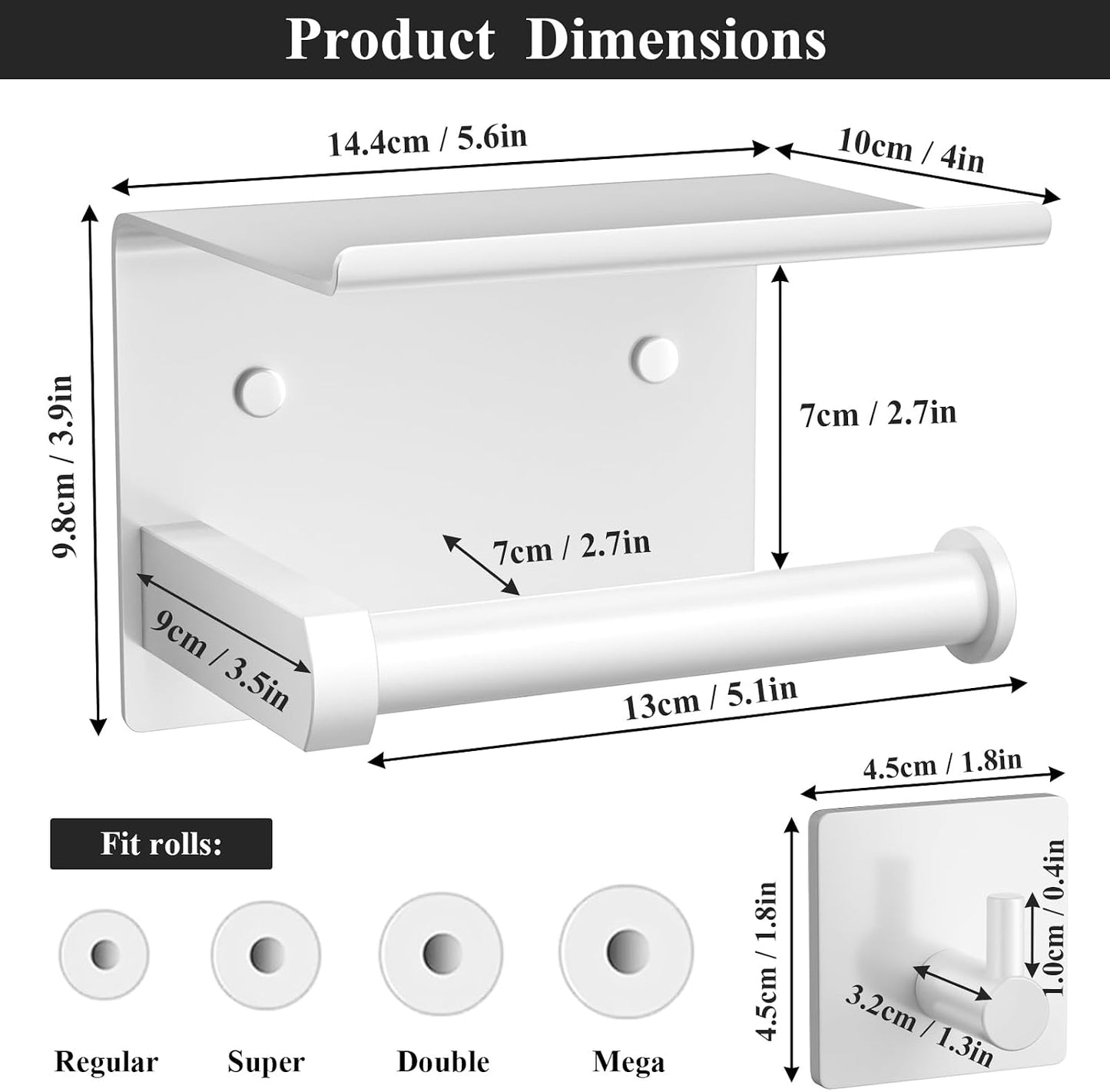 Tindbea Toilet Paper Holder Wall Mount + Towel Robe Hooks, Adhesive or Screw Wall Mounted Toilet Paper Roll Holder with Shelf, Stainless Steel Bathroom Organizers and Storage Kit (Brushed Gold)