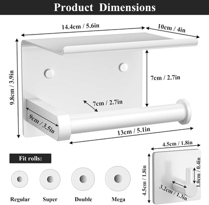 Tindbea Toilet Paper Holder Wall Mount + Towel Robe Hooks, Adhesive or Screw Wall Mounted Toilet Paper Roll Holder with Shelf, Stainless Steel Bathroom Organizers and Storage Kit (Brushed Gold)