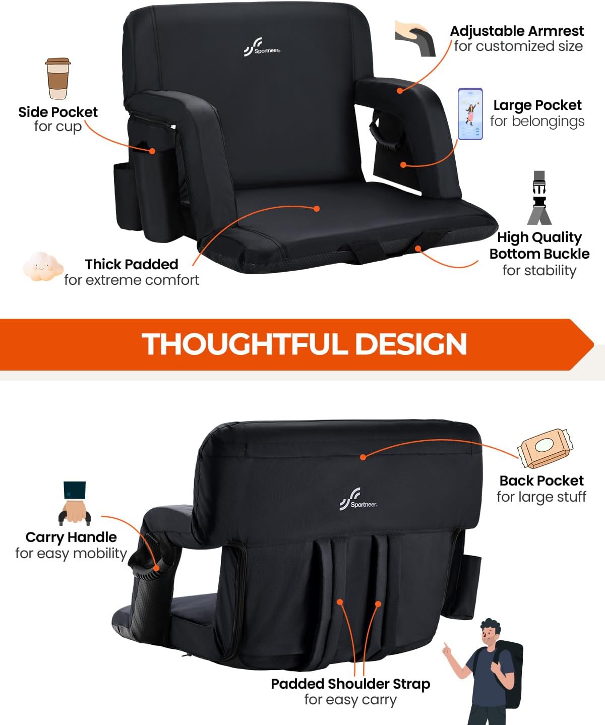 Sportneer Stadium Seats with Back Support: 2.5'' Thick Comfy Cushion 6 Adjustable Angle Bleacher Seat with Armrest - 2 Large Pockets, 2 Cup Holders Stadium Chair for Sport Events Concerts Parks