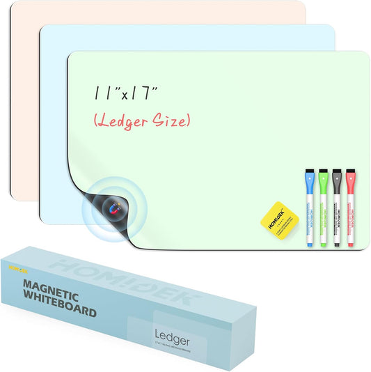 Magnetic Dry Erase Board, 3 Colors Fridge Magnet White Board Sheet with 4 Markers & 1 Eraser, Reusable Blank Magnetic Whiteboard to Write On for Refrigerator, Locker, Cabinet, Door - 8.5 x 11