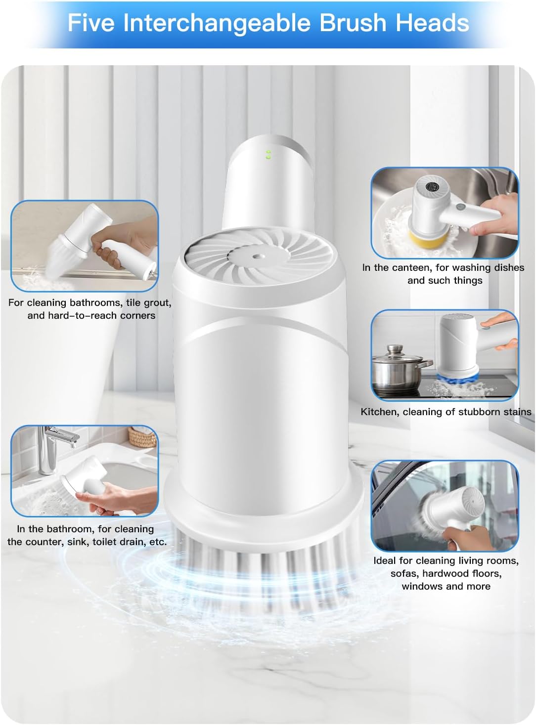 Electric Spin Scrubber - Cordless IPX7 Waterproof Shower Scrubber with 2 Speed Settings and 6 Replaceable Heads，Electric Cleaning Brush for Bathroom，Kitchen and Windows