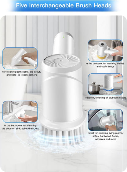 Electric Spin Scrubber - Cordless IPX7 Waterproof Shower Scrubber with 2 Speed Settings and 6 Replaceable Heads，Electric Cleaning Brush for Bathroom，Kitchen and Windows