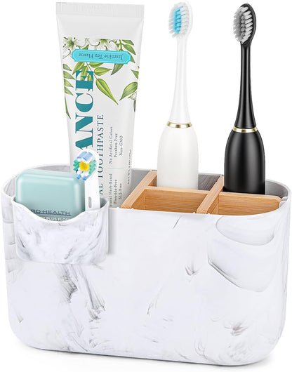 GFWARE Toothbrush Holders for Bathrooms - Bamboo Divider Toothbrush and Toothpaste Holder with Drainage, Kids Electric Toothbrush Organizer for Bathroom Countertop, White Tooth Brush Holder | 5 Slots Toothbrush and Toothpaste Holder with Bamboo Divider,