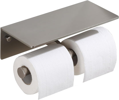 Toilet Paper Holder with Shelf, Adhesive or Screw Wall Mount Toilet Roll Holder for Bathroom, Rustproof Solid Aluminum Commercial Toilet Tissue Holder with Storage, Brushed Nickel