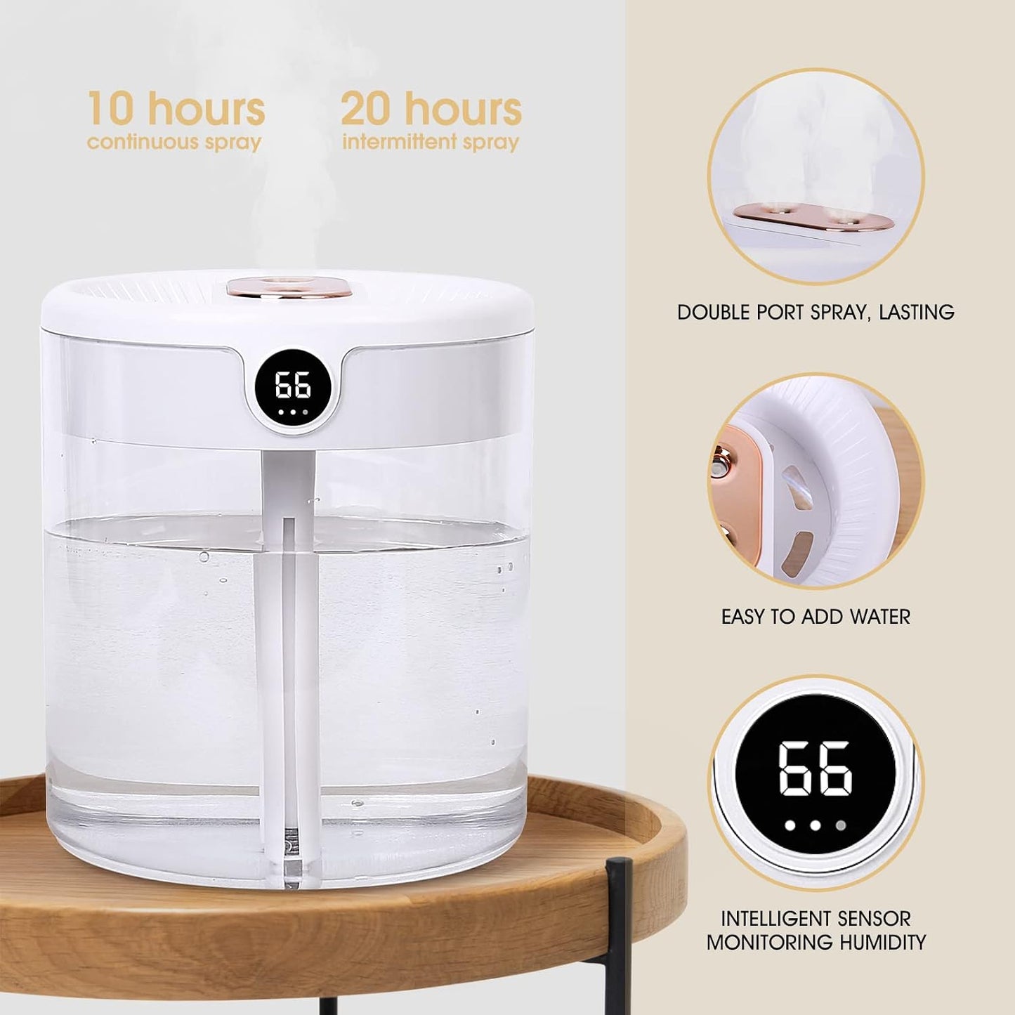 Top-Fill 2L Humidifiers for Bedroom Large Room, Smart Digital Display Hygrometer, Dual 360° Nozzles Cool Mist, Ultra-Quiet <30dB, 24H Long Runtime, Auto Shut-Off, Essential Oil Box, White