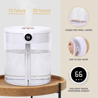 Top-Fill 2L Humidifiers for Bedroom Large Room, Smart Digital Display Hygrometer, Dual 360° Nozzles Cool Mist, Ultra-Quiet <30dB, 24H Long Runtime, Auto Shut-Off, Essential Oil Box, White