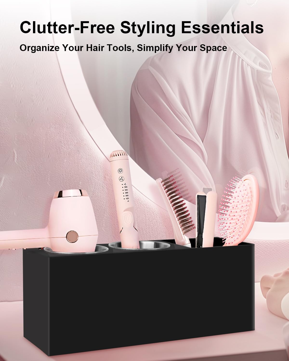 Hair Tool Organizer, Hair Dryer Holder with Heatproof Steel Cups, Acrylic Vanity Organizer for Curling Iron, Flat Iron & Hair Brushes, Perfect for Bathroom (White, Standard)