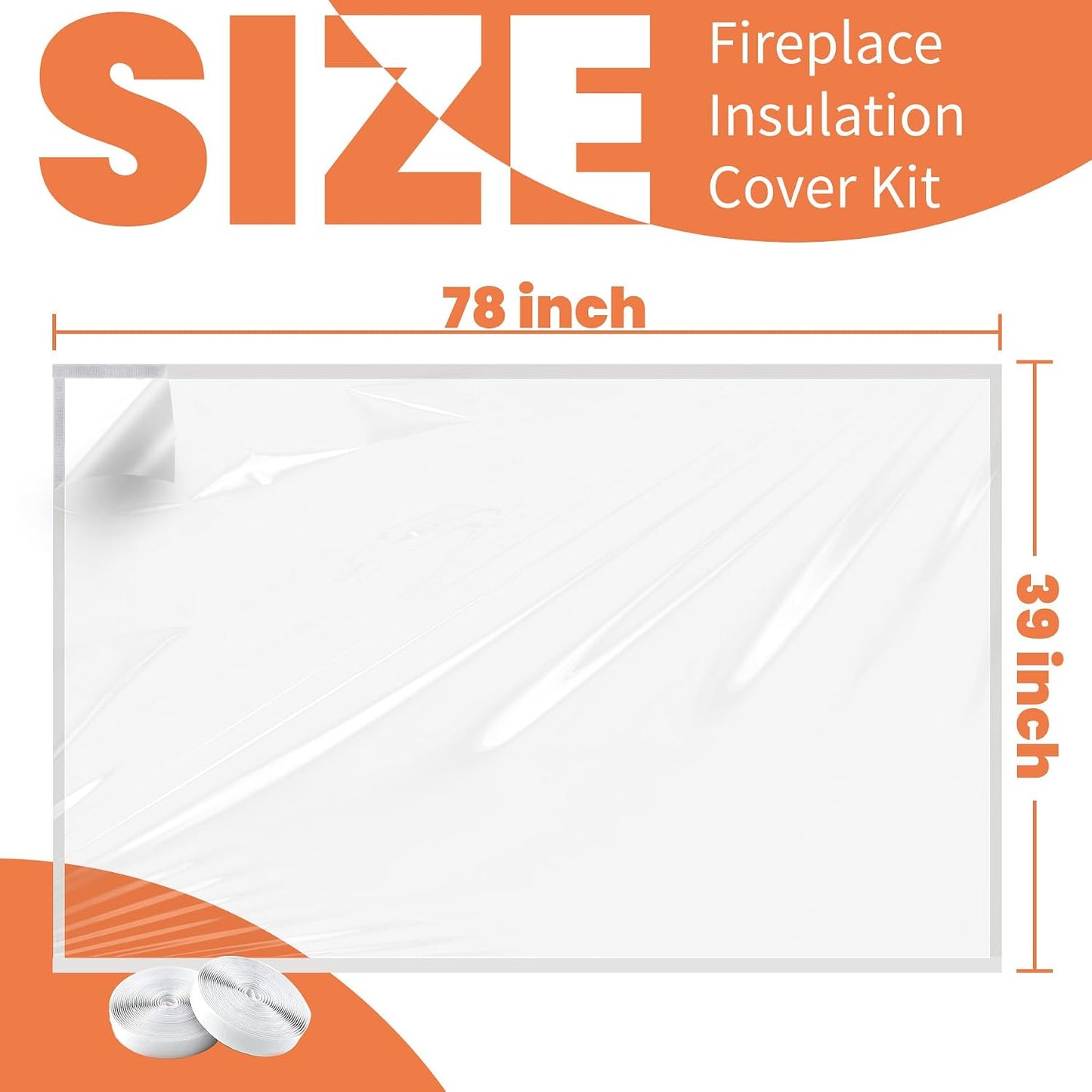 GCGOODS Fireplace Insulation Cover Kit to Prevent Heat Loss, Draft Stopper With Hook & Loop Tape, Adjustable Easy Cut to Fit, Transparent Screen, 39" x 78"