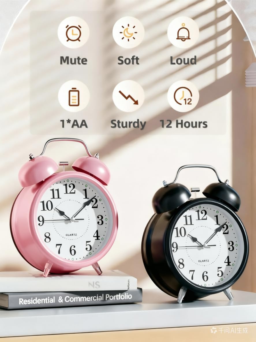 4 Inches Analog Alarm Clocks Retro Backlight Cute Simple Design with Night Light Silent Non-Ticking Battery Operated [Red]