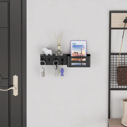 MKO Key Holder Wall Mount, Key Holder Wall Mount Adhesive with Mail Organizer Tray with 6 Key Hooks for Wall, Black | Metal Material, Key Rack with Shelf, Mail Organizer Tray for Entryway, Hallway, Living Room