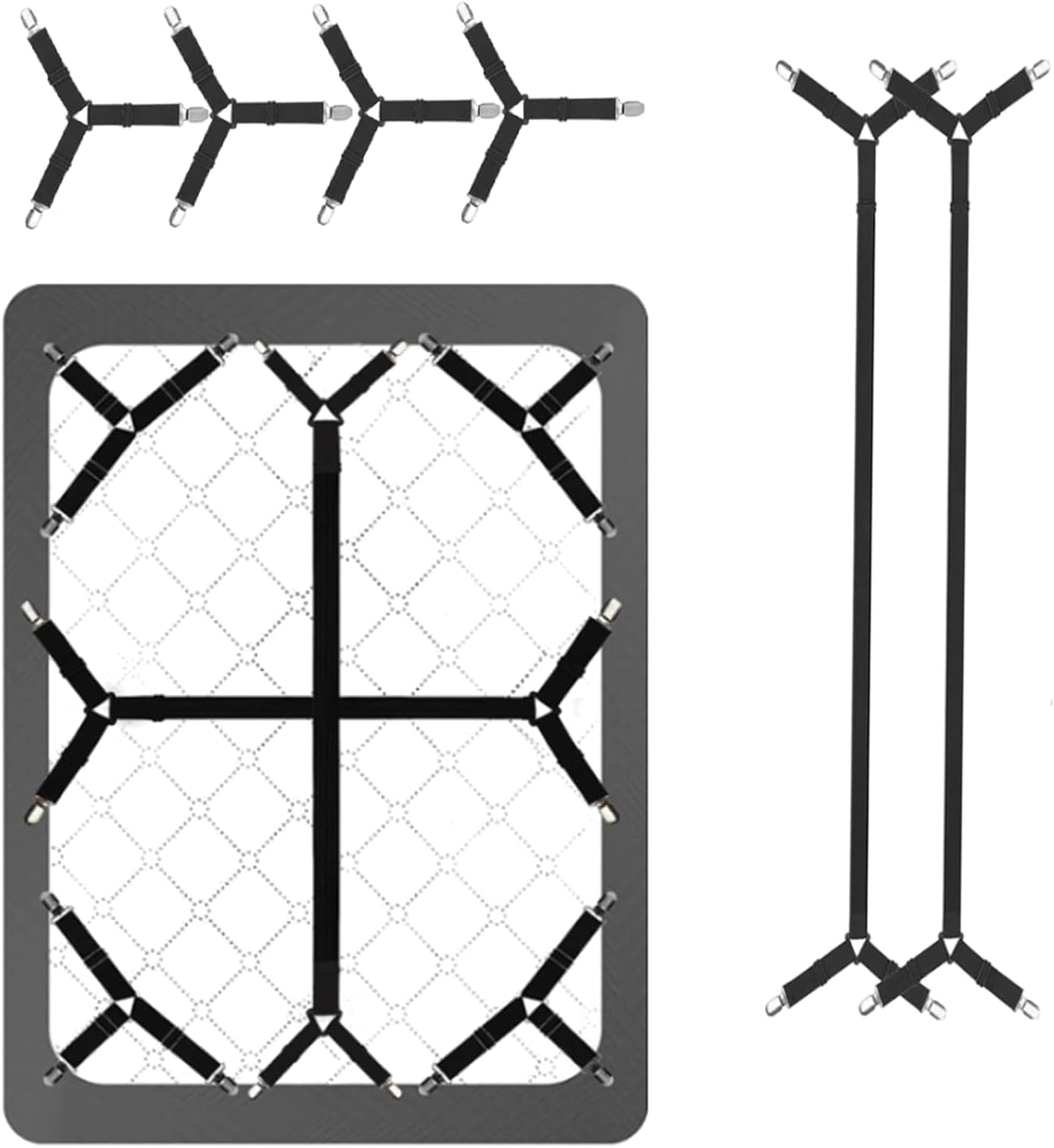 6-Pack Adjustable Sheet Straps, Fitted Sheet Holders， Secure Your Bed Sheets Instantly! These Heavy-Duty Sheet Clips Keep Fitted Sheets Tight on Mattresses Up to 21 Inches Deep for a Neat,