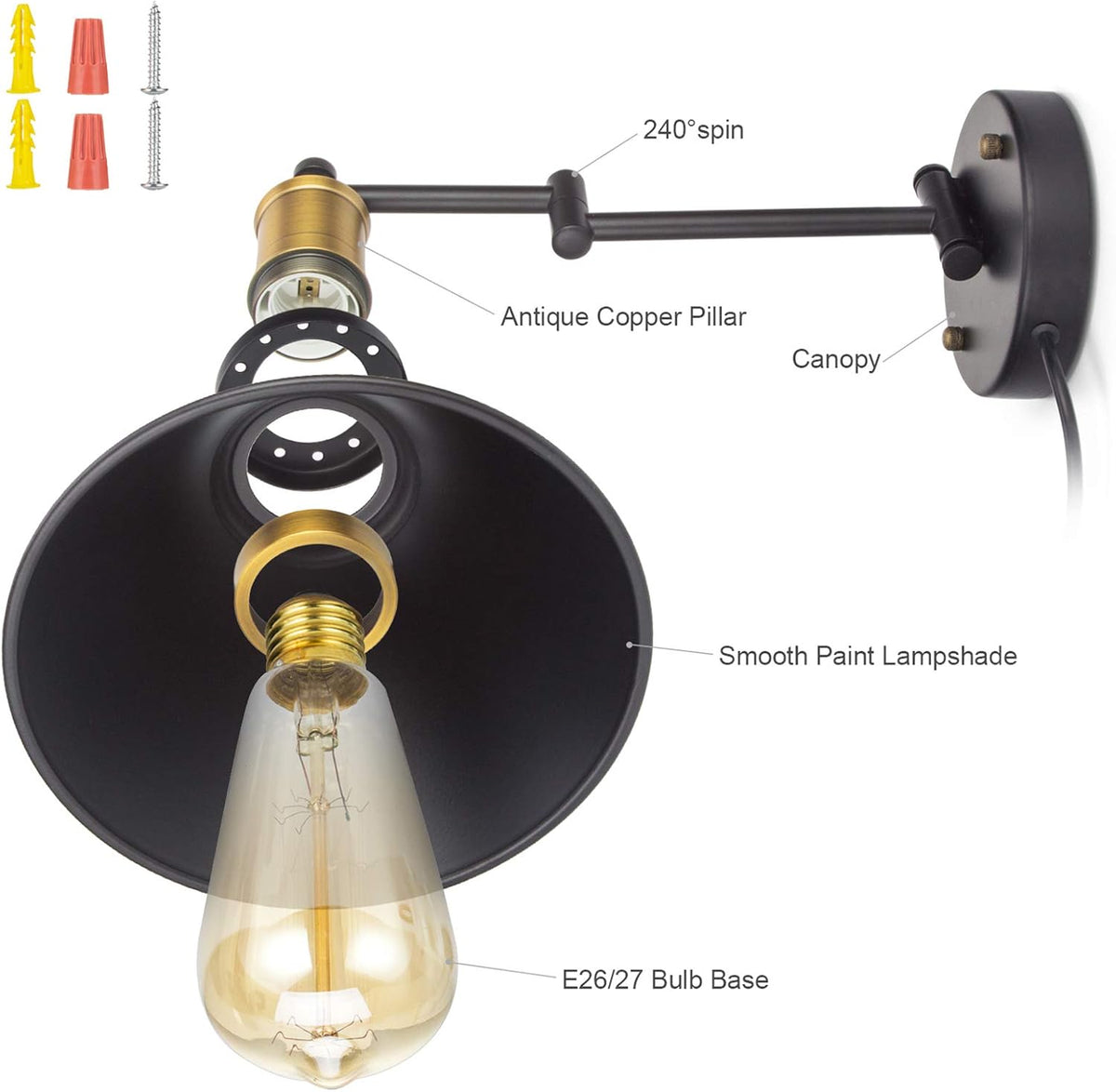 Swing Arm Wall Lamp Plug-in Cord Industrial Wall Sconce, Bronze and Black Finish,with On/Off Switch, E26 Base,1-Light Bedroom Wall Lights Fixtures,Bedside Reading Lamp