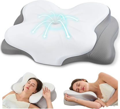 Cervical Neck Pillow, Memory Foam Pillow with Dual Height, White | Ergonomic Pillow for Neck Pain Relief, Breathable Cover,Neck Support Pillow for Side Back & Stomach Sleepers, Odorless