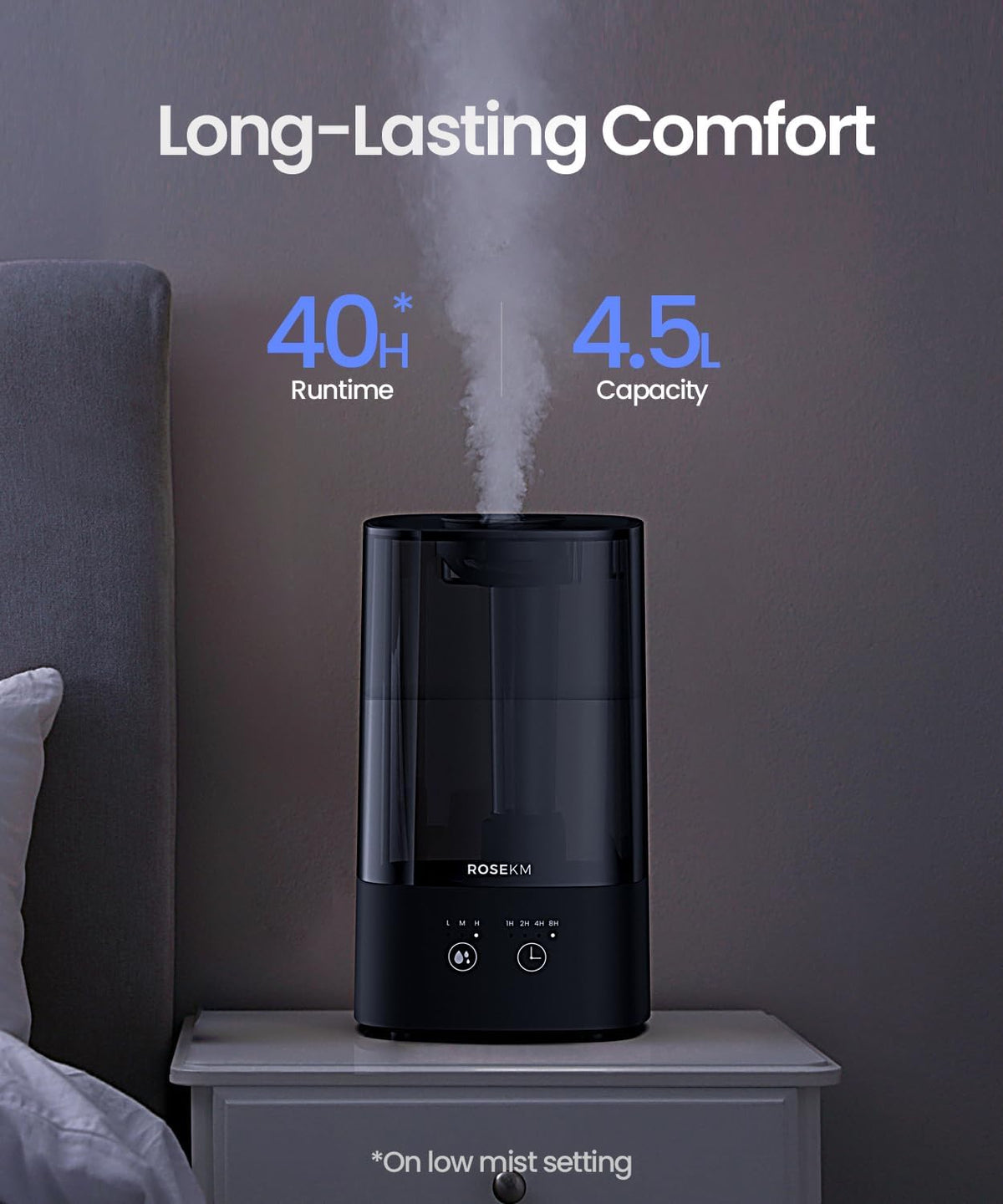 ROSEKM 2L Cool Mist Humidifier for Bedroom and Plants, Quiet, Black