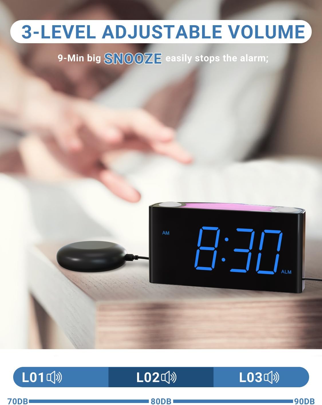 Extra Loud Vibrating Alarm Clock with Bed Shaker for Heavy Sleeper Deaf Hard of Hearing, Large LED Display Digital Clock for Bedroom,Dimmer,Night Light,USB Phone Charger,Battery Backup,Senior Teen Kid