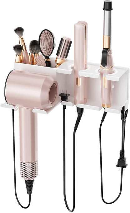 Hair Dryer Holder, Hair Tool Organizer Wall Mount, Adhesive or Drill, White | Blow Dryer Holder for Dryer Hook, Straightener Curling Irons Hairdryer Hair Appliance Hanger for Salon Bathroom Wall Storage