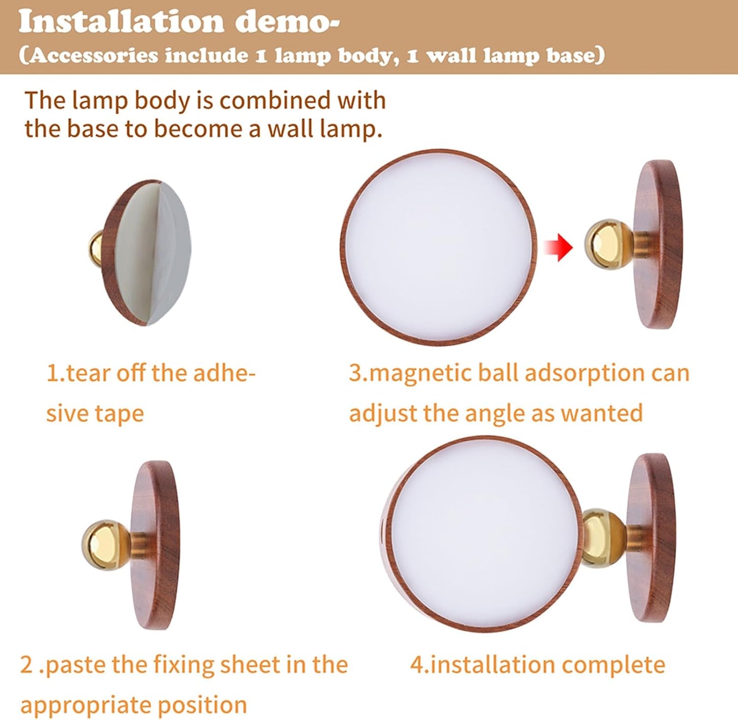 Wooden Wall Sconce 360° Rotatable Magnetic Stick on Bedside- Beech,1 PCS | Wall light self adhesive,dimmable touch control. USB-C port, minimalist style in hallways,closets,desk,reading,ambient