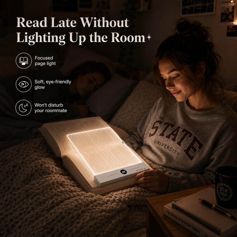 LED Page Reading Light, Rechargeable Flat Book Light, Normal White | Flat Rechargeable Page Light with Timer | 3 Light Modes | Stepless Dimming | Clear Acrylic Panel for Dorm Reading