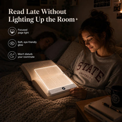 LED Page Reading Light, Rechargeable Flat Book Light, Normal White | Flat Rechargeable Page Light with Timer | 3 Light Modes | Stepless Dimming | Clear Acrylic Panel for Dorm Reading