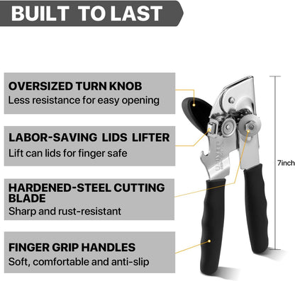 UHIYEE Heavy Duty Hand Can Opener with Comfortable Grip for Seniors, Black | Manual Can Opener, Hardened Steel Blade, Rubber-Coated Handle, Oversize Knob, Built-in Magnet & Bottle Opener