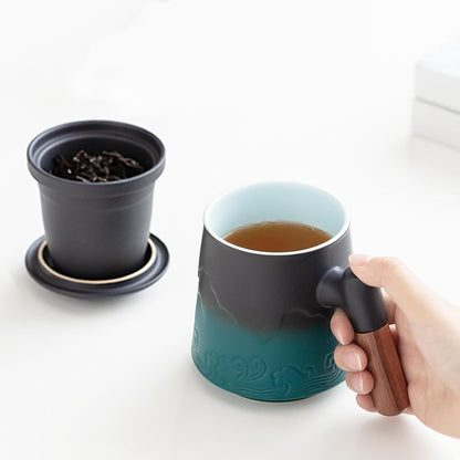 ZENS Tea Mug with Infuser and Lid for Loose Leaf Tea Steeper, 16.9oz Moss | Embossed Ceramic Tea Cup with Infuser for Herbal Tea Difussers, Tea Lovers Gifts, Nature Wood Handle