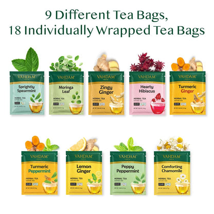 VAHDAM, Assorted Herbal Tea Sampler (18 Tea Bags, 9 Flavors) Caffeine-Free, Non-GMO | Double Infusion, Individually Enveloped Tea Bags | Herbal Tea Assortmen