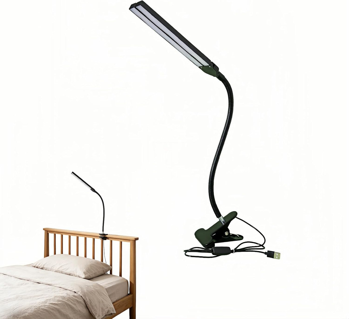 BUBBLE-FLY LED Clip on Reading Light, USB Desk Lamp with 32 LED Eye Protection, 360° Flexible Arm, Dimmable Clamp Light for Bed Headboard Home Office Study 7W Black